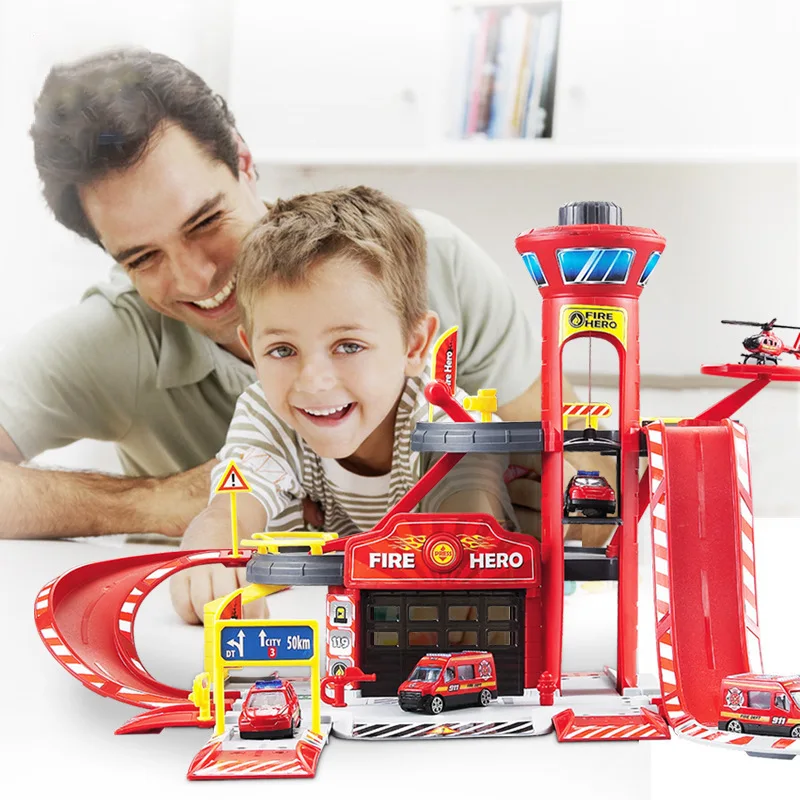  Children's Toy Car Park Police Station Fire Department Scene Assembly Track Car Racing Large Gift Set Without Original box 