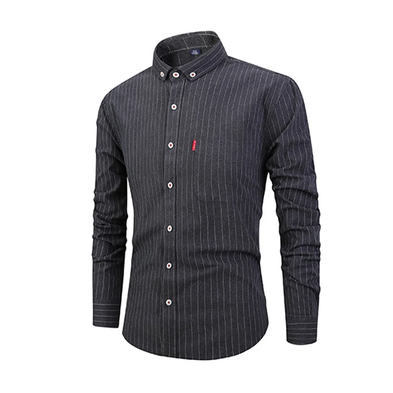 

Autumn Men Long Sleeve Shirt 2019 New Striped Men's Casual Shirt Cotton Plus Size Dark Gray Pocket Decoration Slim Fit Men Shirt