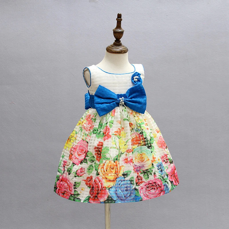 Amazing Flower Print Girl Dress Silk Bow With Pearl Formal Baby Girls