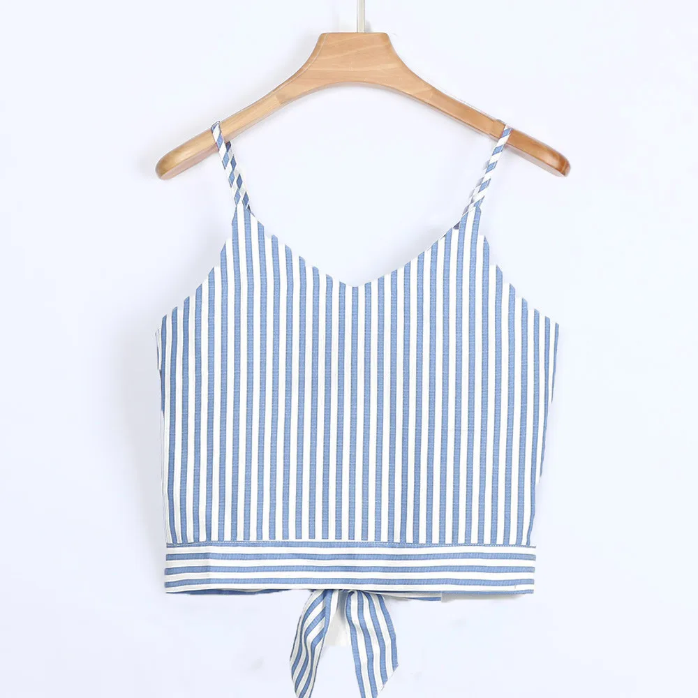 

FEITONG V Neck Stripe Tops Womem Strap Backless Bow Crop Cami Top Camisole Blouse 2018 Summer Sleeveless Tank Tops Shirt Clothes