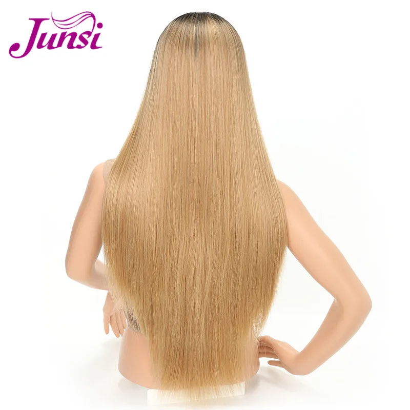 JUNSI Ombre золотые парики длинные темные корни розовые прямые волосы для женщин синтетические волосы высокотемпературные волокна волос