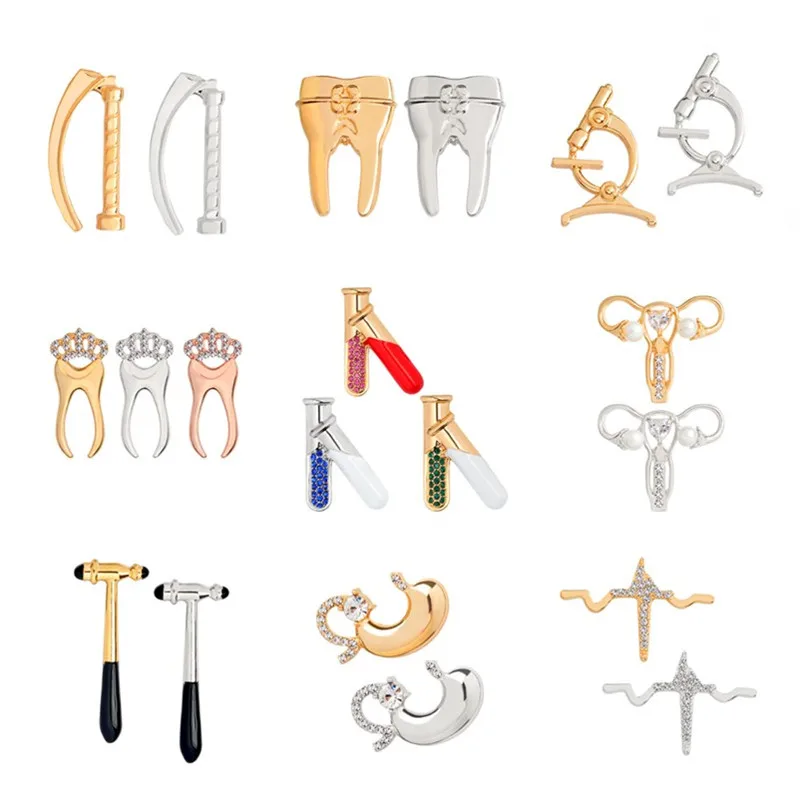 

Medical instruments brooches Experimental bottle Crystal uterus microscope scalpel stomach ECG tooth pins Gold Silver jewel