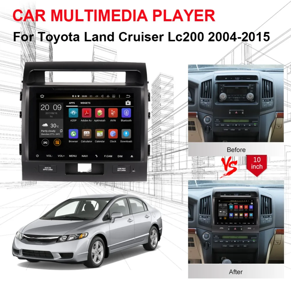 Best 10 Inch Android 8.0 Octa Core 4GB RAM Car Radio Stereo For Toyota Land Cruiser LC200 2004-2015 GPS Navigation Multimedia Player 1