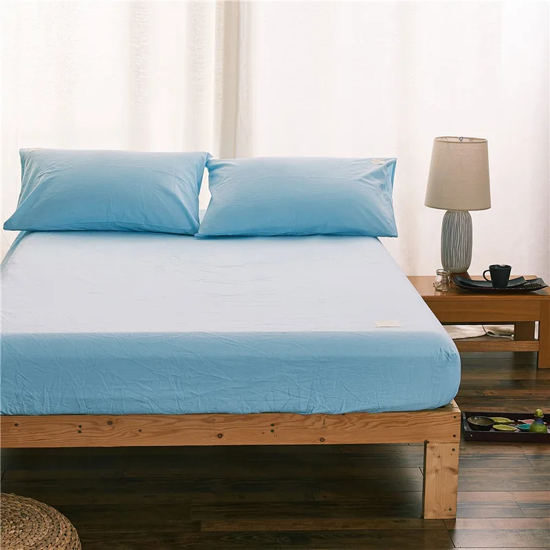 

100% Cotton Sky Blue Solid Color 3PCS Fitted Sheet Pillowcase With An Elastic Band Bed Sheets Linen Bedspread Mattress Cover