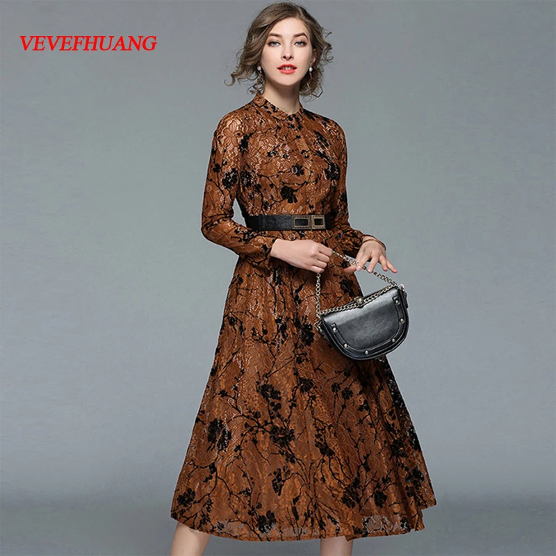 

NEW Vintage Woman Brown Party Dress Spring Female A-Line Dress Midi Ladies Hollow Out Lace Dress