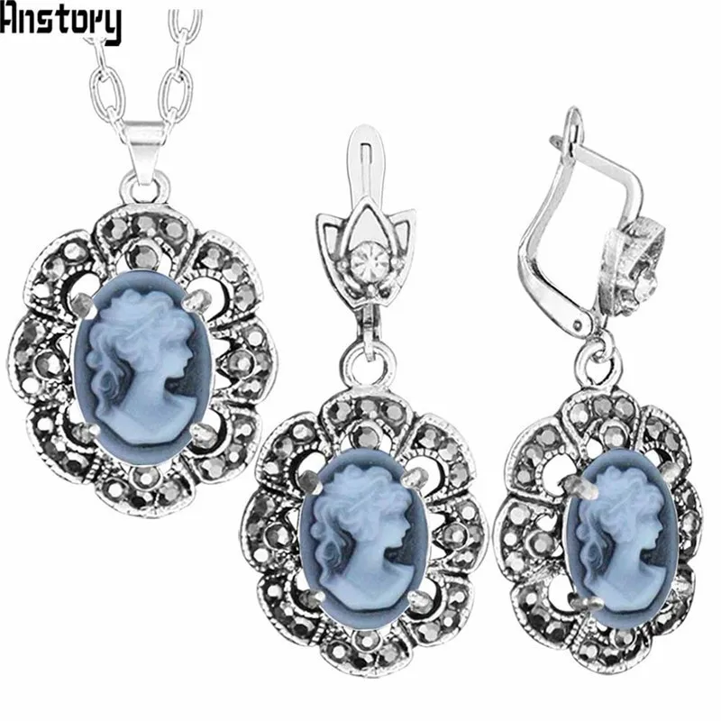 Vintage Lady Queen Cameo Jewelry Sets Plumflower Pendant Rhinestone Fashion Jewelry TS431 - Окраска металла: Gray