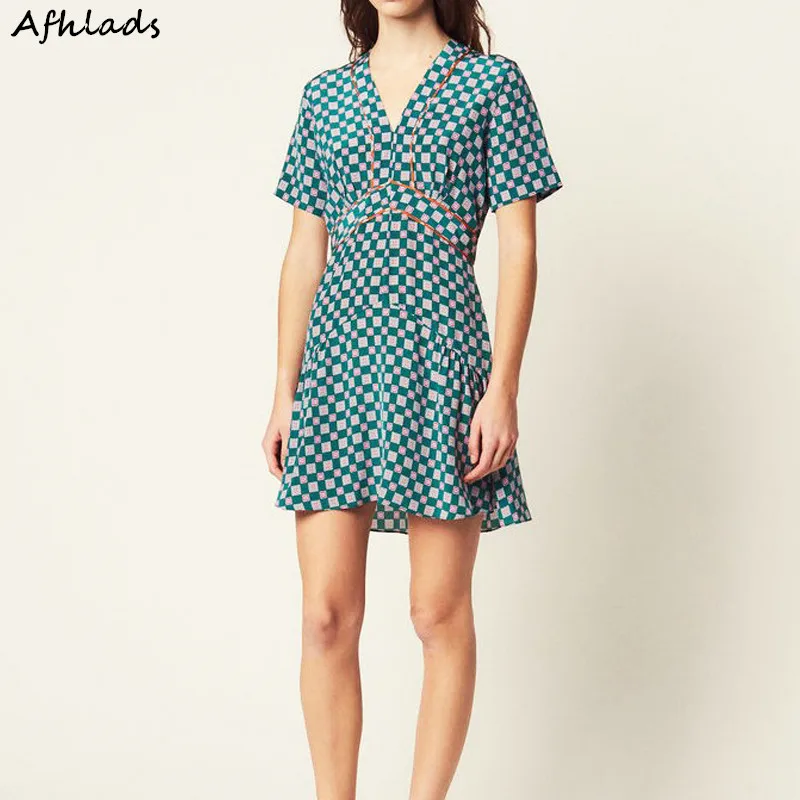 

Spring And Summer New Vintage Printing V-Neck Slim Plaid Patchwork Casual Short-Sleeved Fashion Women Mini Dress Female