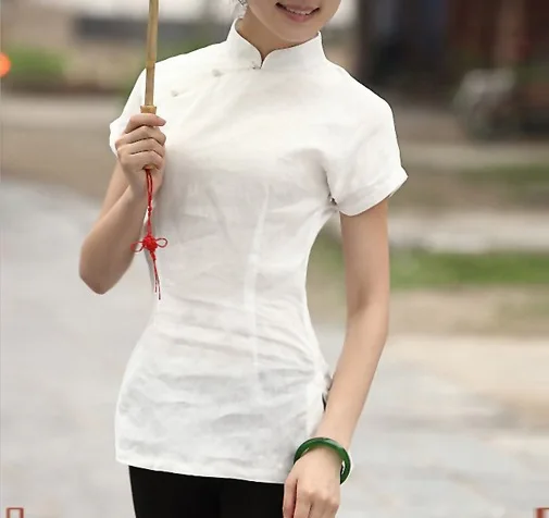 En Ligne Shanghai Histoire femme Manches Courtes chinois traditionnel Qipao Chemise style chinois Haut Blanc cheongsam haut chemisier En Lin