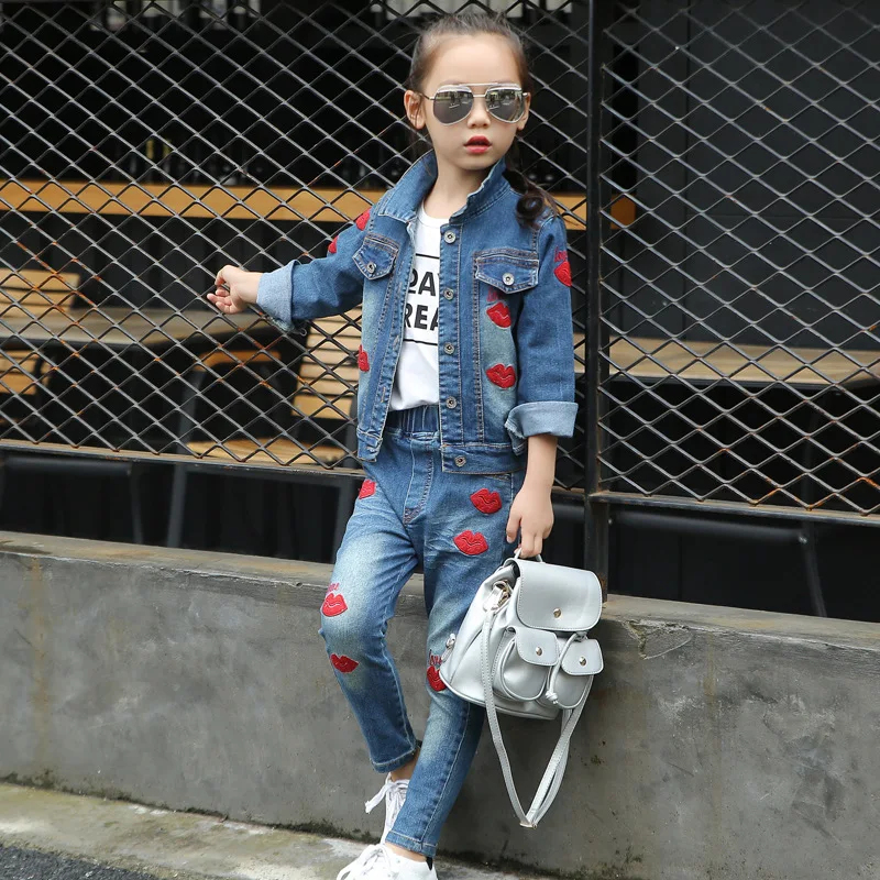 girls coats and jackets Korean casual fashion denim lips Outwear Jeans children's clothing wholesale image_2