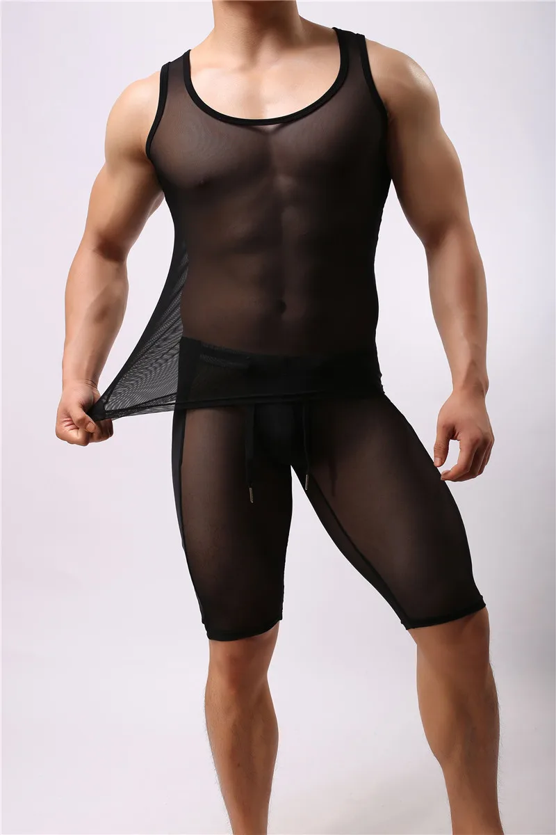 

New Brand BRAVE PERSON Mens Sexy Vest +Shorts SET Solid Mesh Sleeveless vest Bodybuilding Middle Shorts #FY34