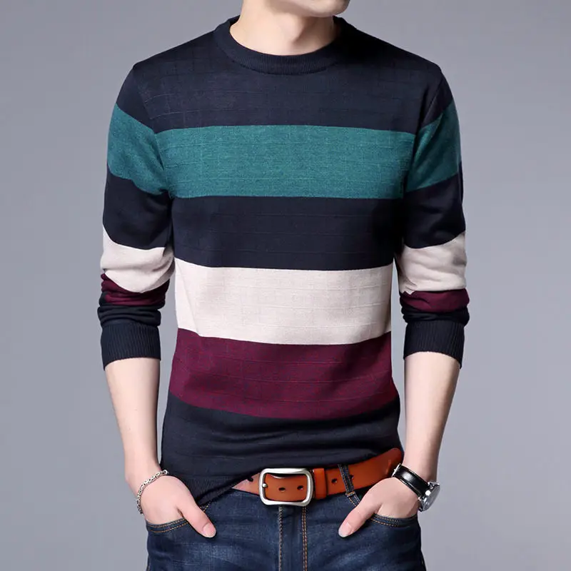 Весна-Осень, повседневный мужской свитер с круглым вырезом, в полоску, облегающая Вязанная одежда, мужские свитера, пуловеры, пуловер для мужчин, M-3XL