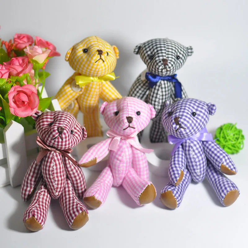 2017 New Plaid Cloth Small Joint Bear Toys Super Kawaii Teddy Bear Doll DIY Wedding Party Flower Bouquet Decor 11cm 20pcslot  (1)