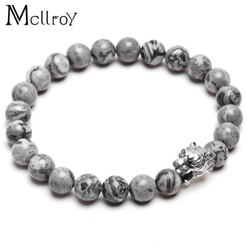 

2017 MCLLROY Grey Beads Natural Stone Tiger Head Charm Buddha Bracelets Charm Bracelet Homme Handmade Mens Bracelets Gifts
