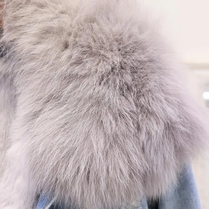 Best Winter Fashion Women Warm Coat Natural Fox Fur Collar+Real Rabbit Hair Liner Denim Jacket Female Th