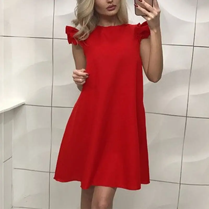 

Summer New Women Simple A-Line Soild Color Short One Hundred Wrinkles Butterfly Sleeves Mini Polyester Dress