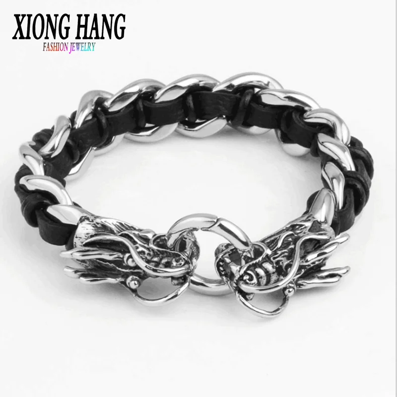

XiongHang Stylish Stainless Steel Bracelet Bangle Genuine Leather Bracelet Men's Vintage Jewelry Dragon Bracelet Woven Bracelet
