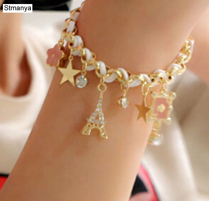 Rope Chain Decoration Bracelet For Girl multicolor Eiffel Tower star poker Pendant Bangle fashion bracelet fashion jewelry
