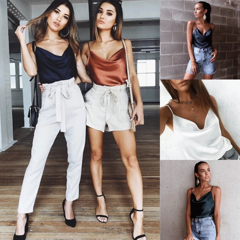 

2019 Ladies Women Sexy Satin Strap Vest Casual Backless Tank Tops Lady Summer Sleeveless Sexy Solid