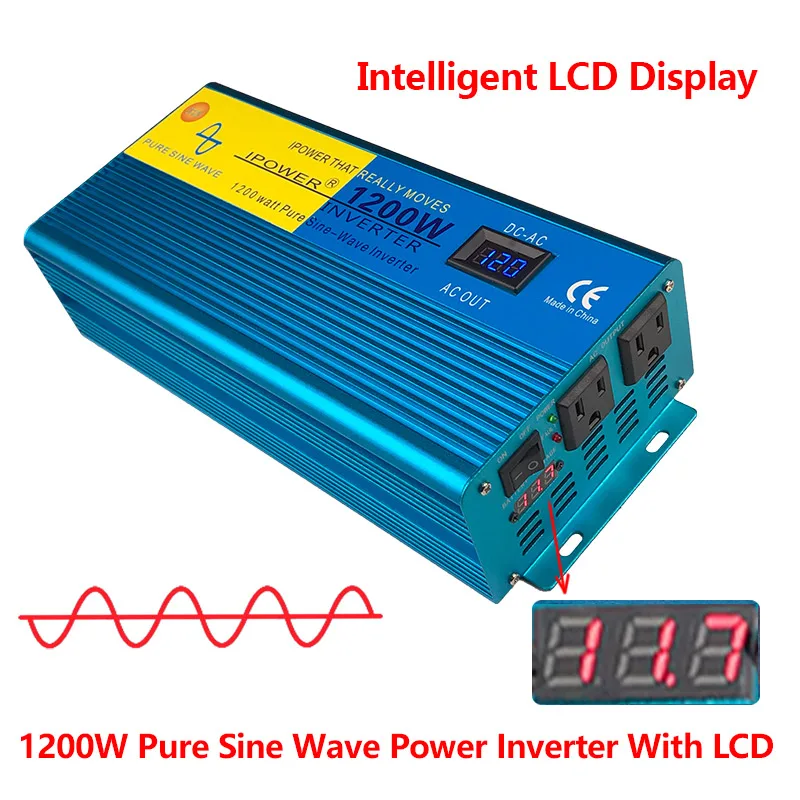 

Digital Display PURE SINE WAVE POWER INVERTER 1200W/2400W MAX DC 12V To AC 110V CAMPING BOAT SINEWAVE