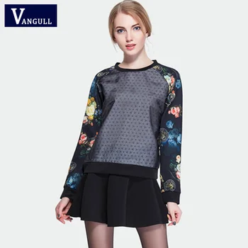 

VANGULL women floral print hoodies skirt two-piece ladies o-neck long sleeve gauze Hoody female black mini skirt spring winter