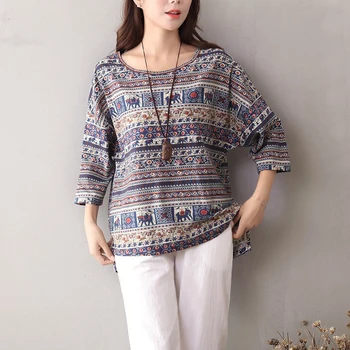 

2018 Women Autumn Boho Floral O Neck 3/4 Sleeve Blouse Casual Vintage Shirt Cotton Linen Baggy Top Blusas Tunic Plus Size Floral