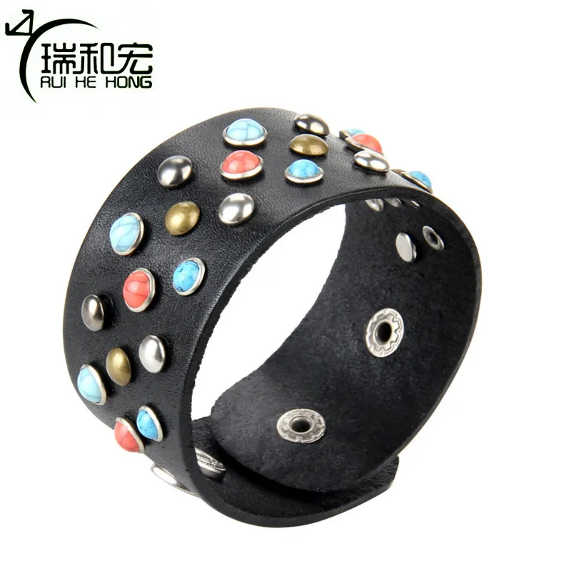 Vintage Leather Bangle Black Coffee Hand Chain Riveted Stone Bracelet Women Bracelets &amp Bangles Fashion Jewelry Wholesale | Украшения и