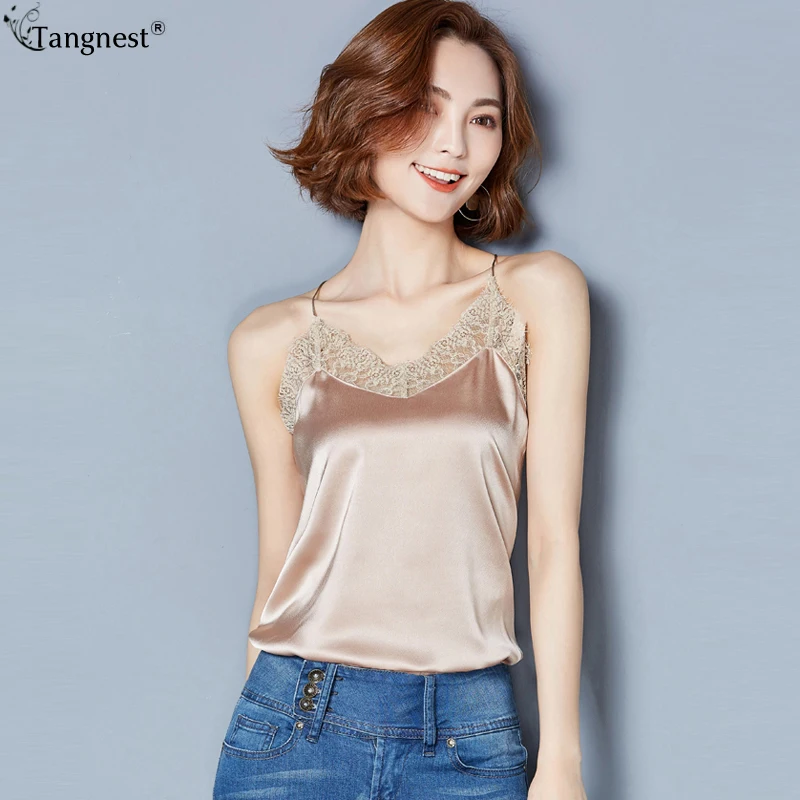 TANGNEST 2017 Summer Sexy V neck Lace Silk Camis Strap Tank Tops Pink ...