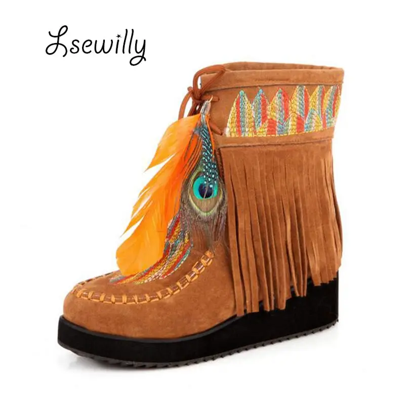 Indian Style Retro Fringe Boots Flock Chunky Feather Women Ankle Short