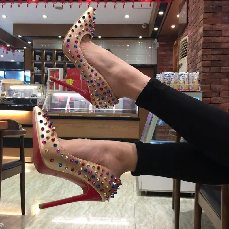 

2018 Patent leather studded heels 12cm fashion ladies sexy pointed toe rivets spiked high heeled shoes black womens