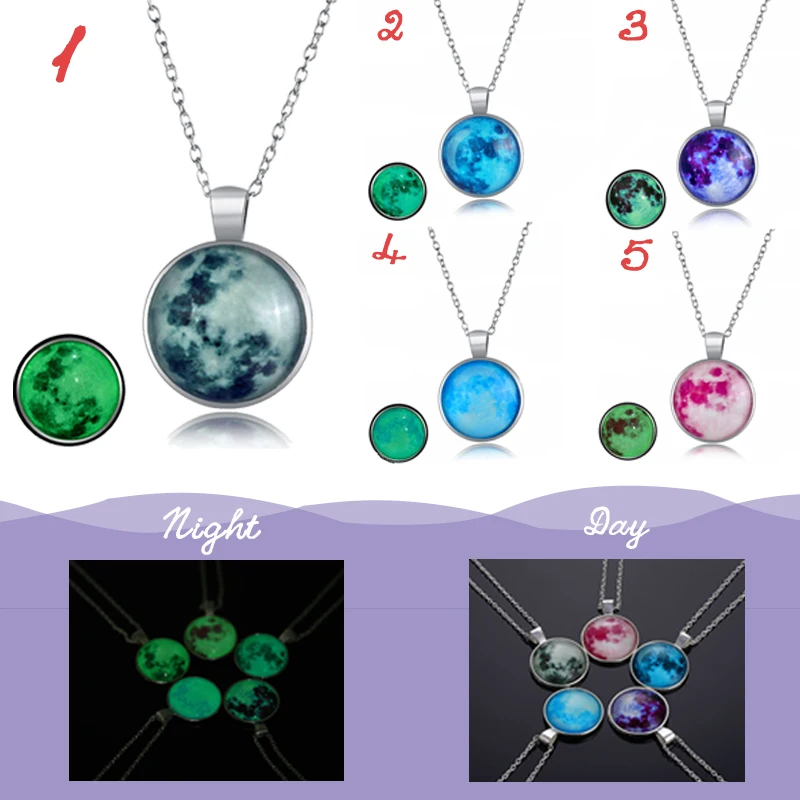 

Vienkim Fashion Glowing Moon Surface Necklace 25mm Galaxy Planet Glass Round Pendant Necklace Christmas Luminous Jewelry Gifts