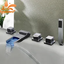 Светодиодный смеситель для ванной с водопадом и носиком, 3 ручки, хромированная отделка