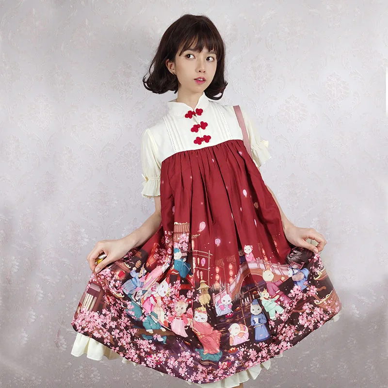 

Summer Chinese element sweet lolita printing lolita dress kawaii lace stand victorian dress kawaii girl gothic lolita cos loli