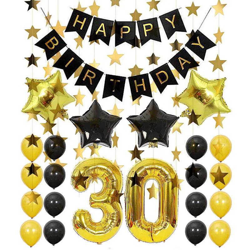 

8-Season Black Gold 30 Number Pentagram Foil Balloon Birthday Party Decoration Table Anniversaire Balloons Banner Happy Birthday