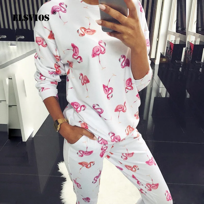 

ELSVIOS Autumn O-neck 2Pcs Women Tracksuits Fashion Floral Plant Print Sweatshirt and Elastic Waist Pants Sets Casual Basic Suit