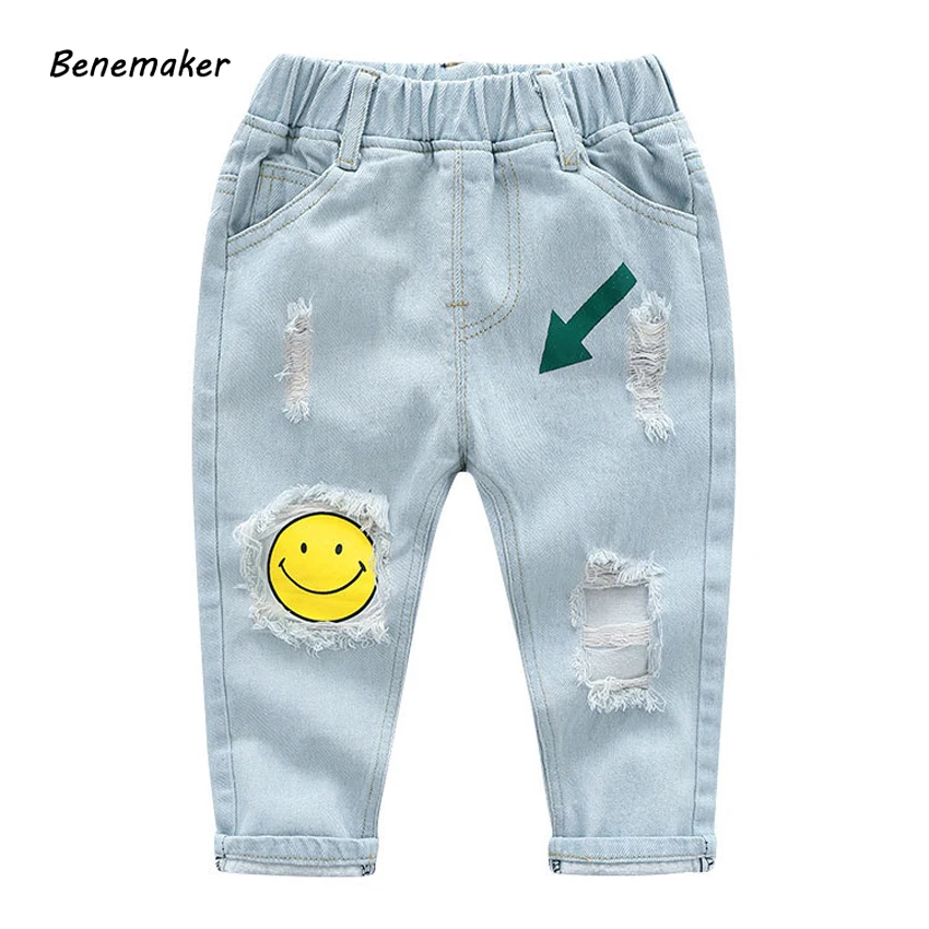 Benemaker/рваные джинсы с рисунком для мальчиков и девочек; модные брюки; сезон осень детская джинсовая одежда повседневные брюки; YP004