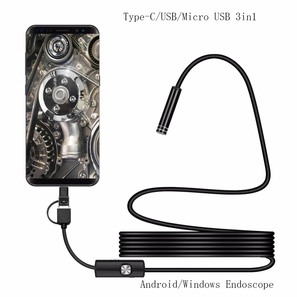 5.5MM Lens 1M 5M Cable Endoscope Type-C USB PC Android Endoscope Camera 3in1 Borescope Inspection Camera Take Photos Led Light