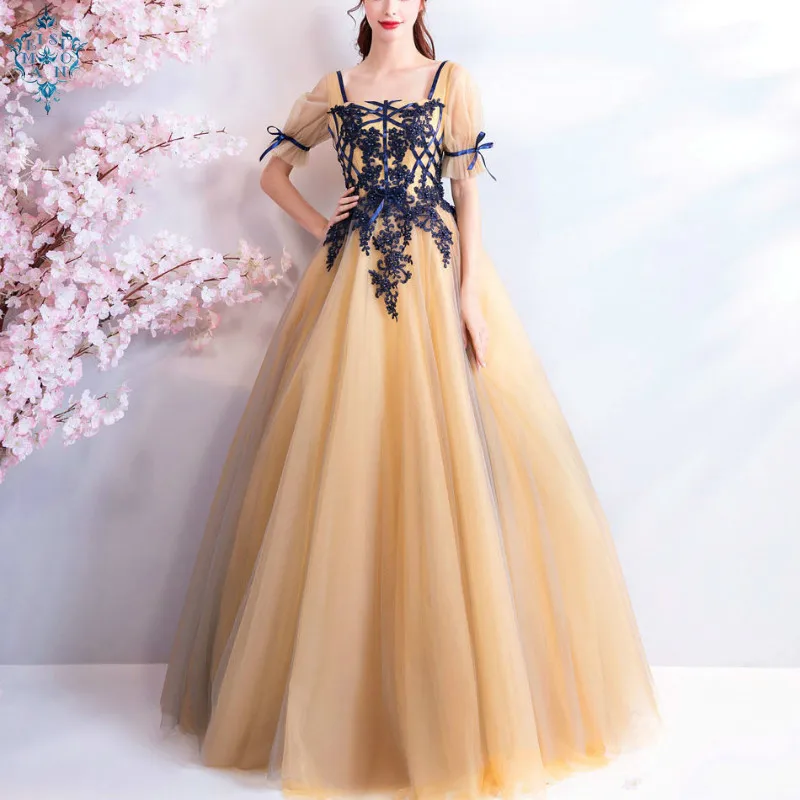 

Ameision Elegant Evening Dresses 2019 Tulle Short Seleeves Deep Yellow A-ling Floor Length Plus size Custom Long Formal Dress
