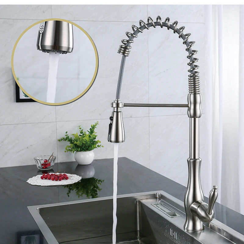 

LOY Brass Kitchen Faucet Brusned Nickes Spring Kitchen Sink Fauce Outlet Water Deck Mounted Hot or Cold Water Mixer Taps