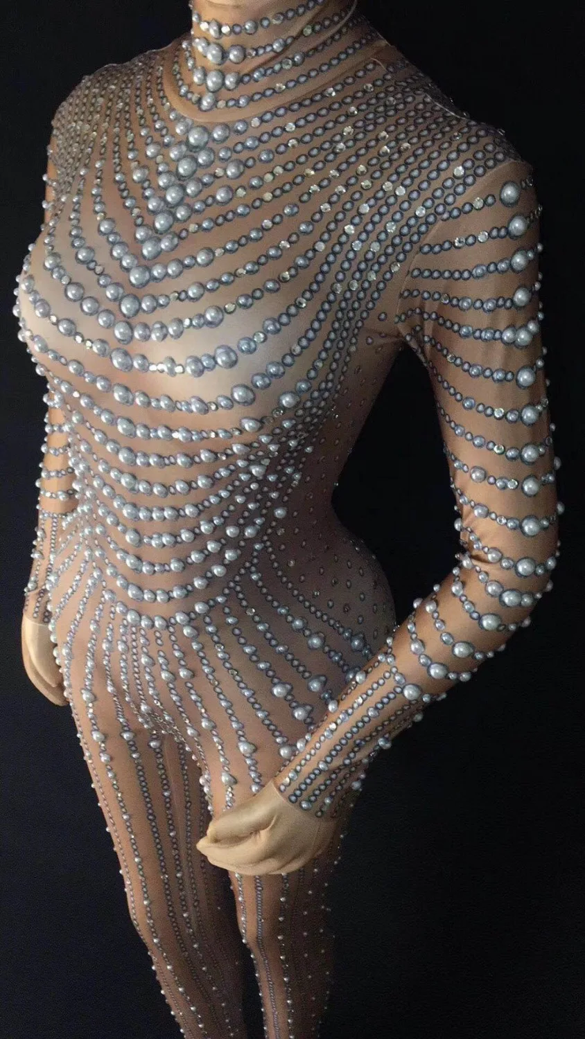 Fashion Shining Black Nude women Pearls  One-piece Stretch Sexy Bodysuit Stage Performance Party Celebrate luxurious Leggings