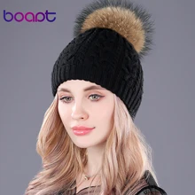 [boapt] кашемир Двухъярусный вязаный колпачки твист мягкий толстый головные уборы для Женский зима натуральный енот мех пом пом шапочки шляпа для девочек