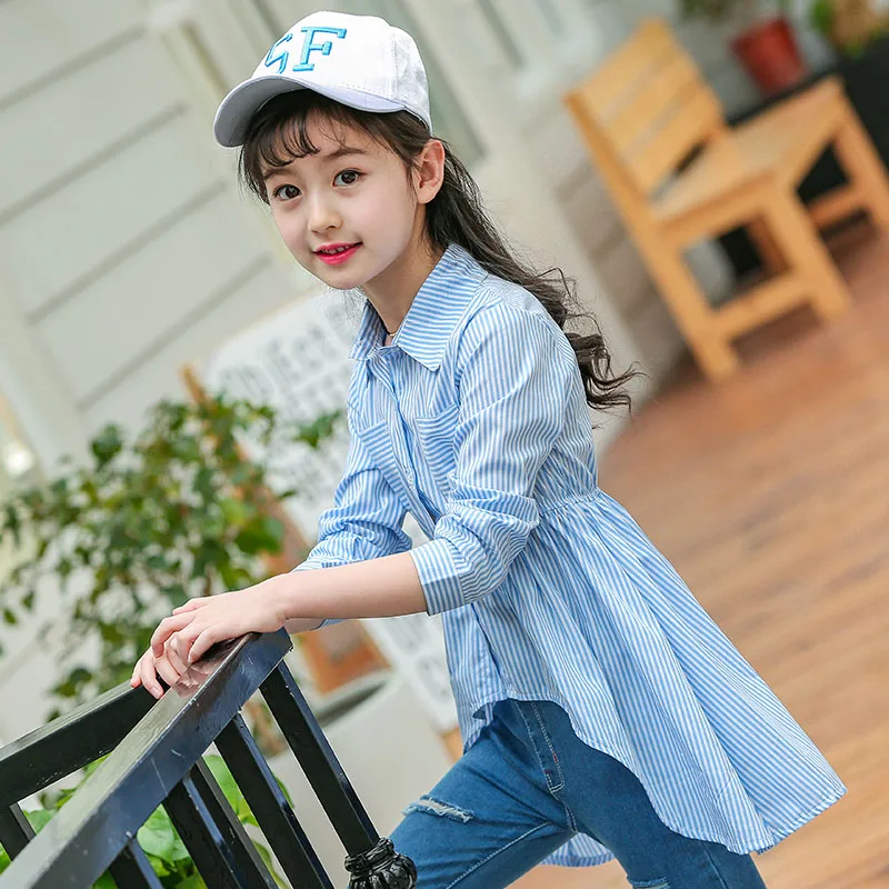 

New Teenagers Kids Girls Shirts Fall 2018 Children Cotton Striped Shirt Dress Blue Blouses 5 7 9 10 12 Years Girls Clothes