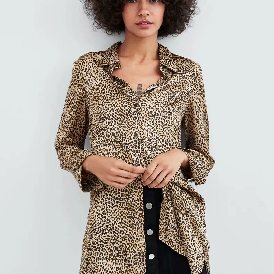 Кнопка Короткие Leopard Женские рубашки полный Урожай для женщин Femininas Elegante
