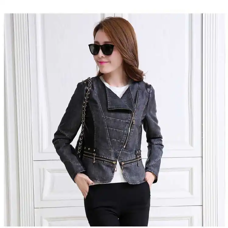 2015 New Denim Jacket With Leather Sleeves Jaqueta Jeans Jackets Womens