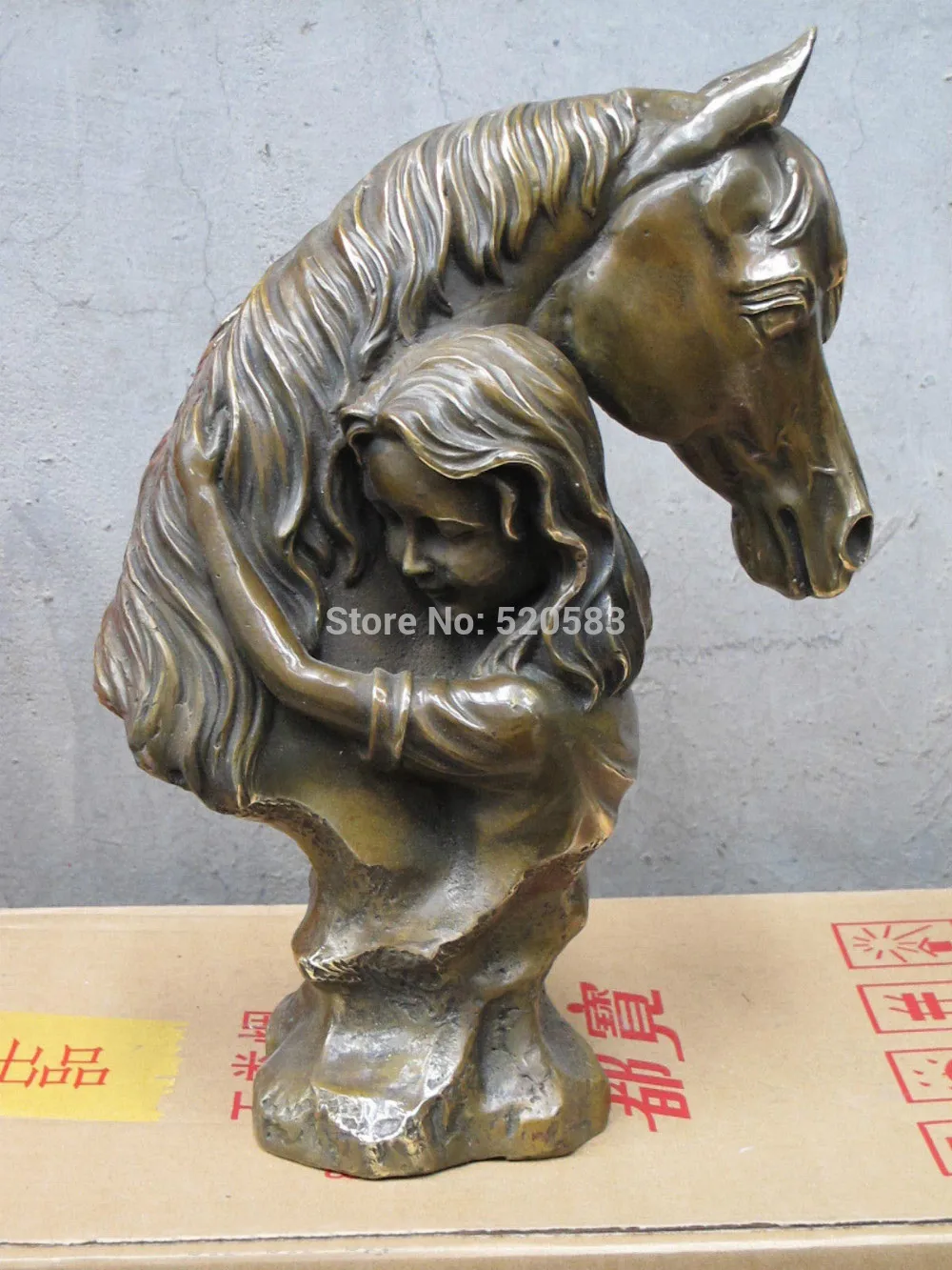 

free 12.5"Beautiful Pure Bronze ART sculpture Horse riders caress the horse head St fast