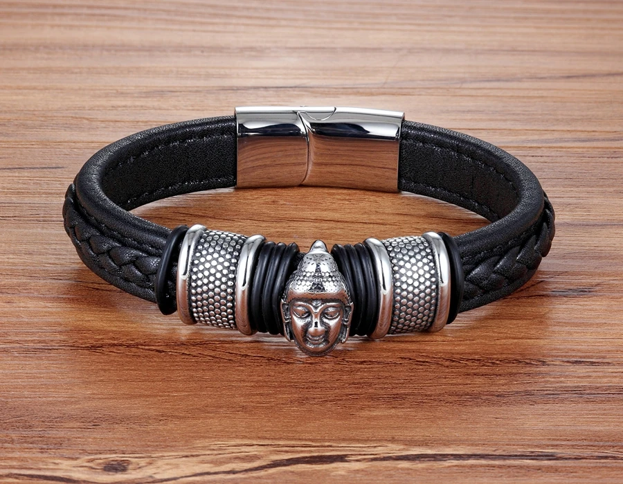 XQNI браслет из натуральной кожи и браслет с головой Будды аксессуары из нержавеющей стали для благословения мужской браслет ювелирные изделия на удачу
