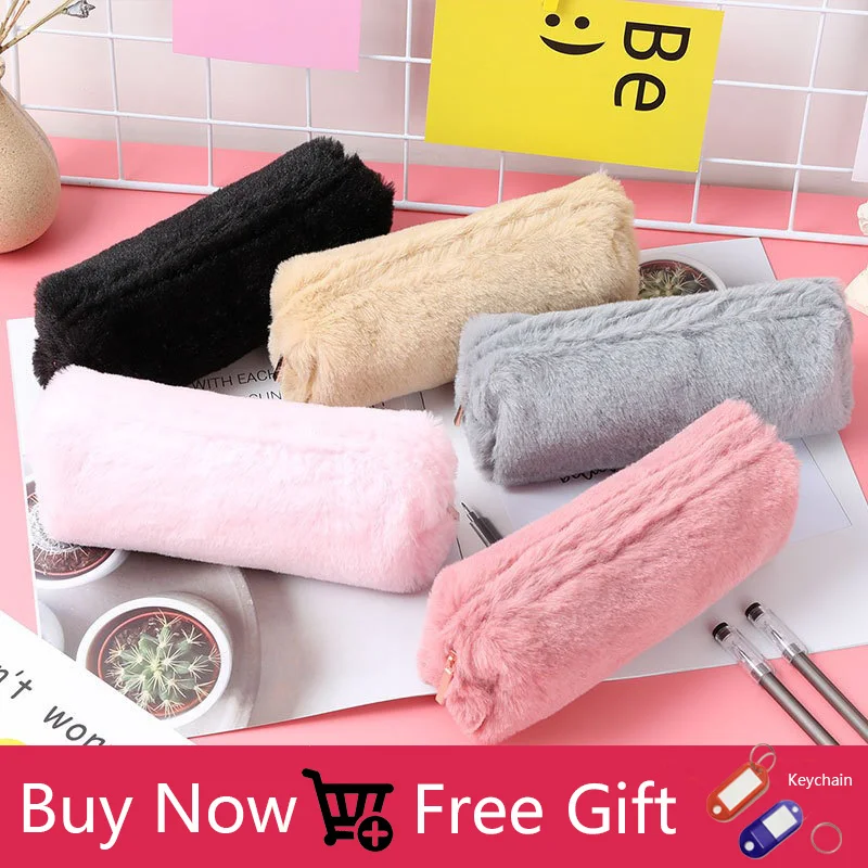 

Cute Solid Color Plush Pencil Case For Girls Pencil Bag Stationery Pencilcase Kawaii School Supplies