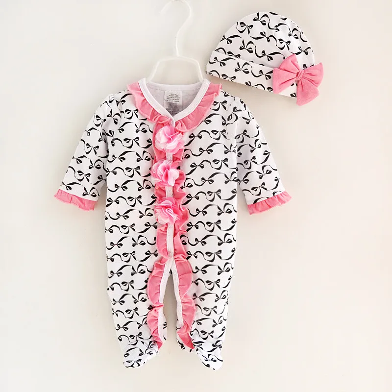 

Spring Autumn Baby Girl Rompers Print Infant Newborn Jumpsuit Overal Long Sleeve Romper & Hat Bow Baby Girls Clothing Sets