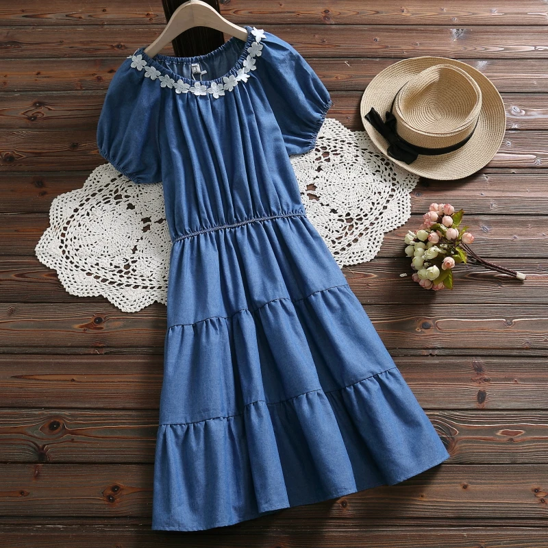 Japan Style Mori Girl Denim Dress Summer Women Short Sleeve Blue Jeans Dresses