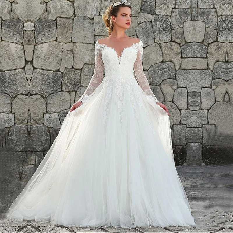 

Long Sleeves Illusion Scoop Neckline Wedding Dress Vintage Tulle Lace Appliques Bridal Gown Vestido De Noiva