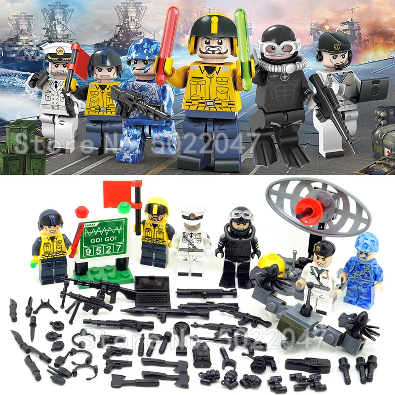 

Military Warship Aircraft Carriers Figures Captain Flight Assistant Naval Team Building Blocks Set Weapons MOC Toy Legoinglys